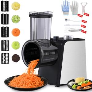 5-In-1 Electric Cheese Grater: [800W Advanced Motor] Upgraded Cheese Grater with 5-Interchangeable Blades, Peelers Cleaning Brush&Gloves as Gifts, Salad Shooter Electric for Cheese, Fruits