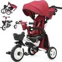 JMMD 8 in 1 Tricycle Stroller with Push Handle, Foldable Trike with 360° Swivel Seat, Reclining Backrest, All-Terrain Wheels, Dual Brakes, Canopy & Storage, Gift for Kids 18 Months to 5 Years, Red