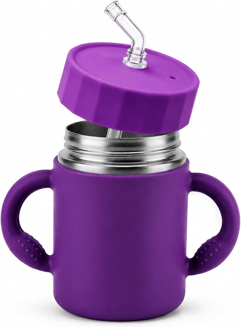 12oz Kids Stainless Steel Water Bottle, Spill Proof Insulated Stainless Steel Sippy Cup with Straw & Handles, Stainless Steel Toddler Cups with Silicone Sleeve, Great for Travel - Purple