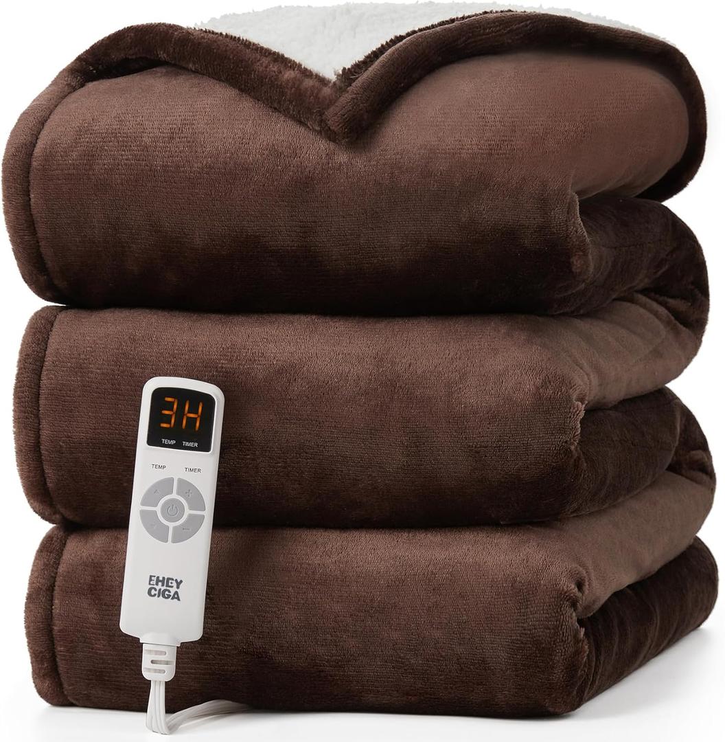 EHEYCIGA Heated Throw - Heating Blanket with 9 Levels & Auto Off, Soft Cozy Sherpa Washable Blanket, 50 x 60 Inches (Brown)