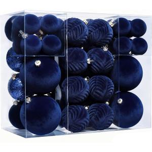 53 Pcs Velvet Christmas Ornaments Set, Navy Blue Christmas Balls, with Christmas Bells Decor and Paper Ornaments, Shatterproof Hanging Xmas Tree Decorations Set for Holiday & Home Decor
