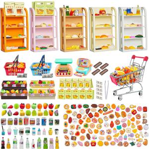 183Mini Food Toys Dollhouse Fruit Vegetable Bread Rack Display Shelf Grocery Store Shopping Cart Basket Miniature Drink Supermarket Metal Handcart Kitchen Play Game Party Cash Register
