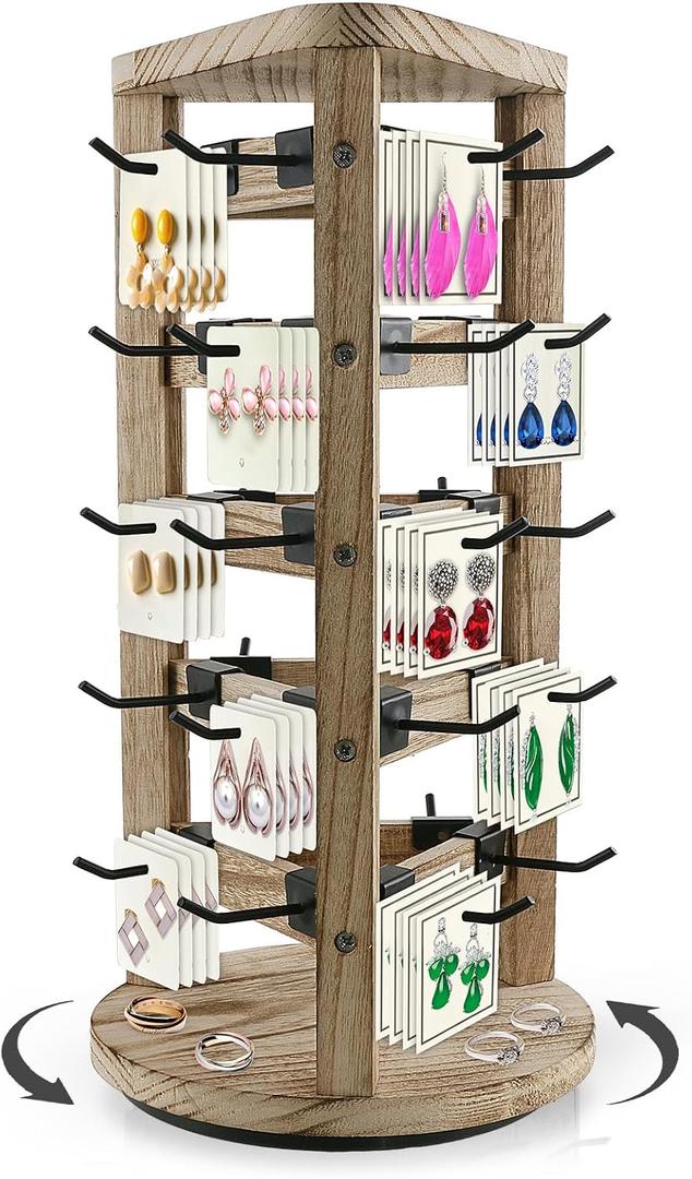 Wood Rotating Earring Display for Vendors, Wooden Jewelry Display for Vendors with 30 Removable Hooks 5 Tier Tabletop Necklace Display Stand Key Chain Display