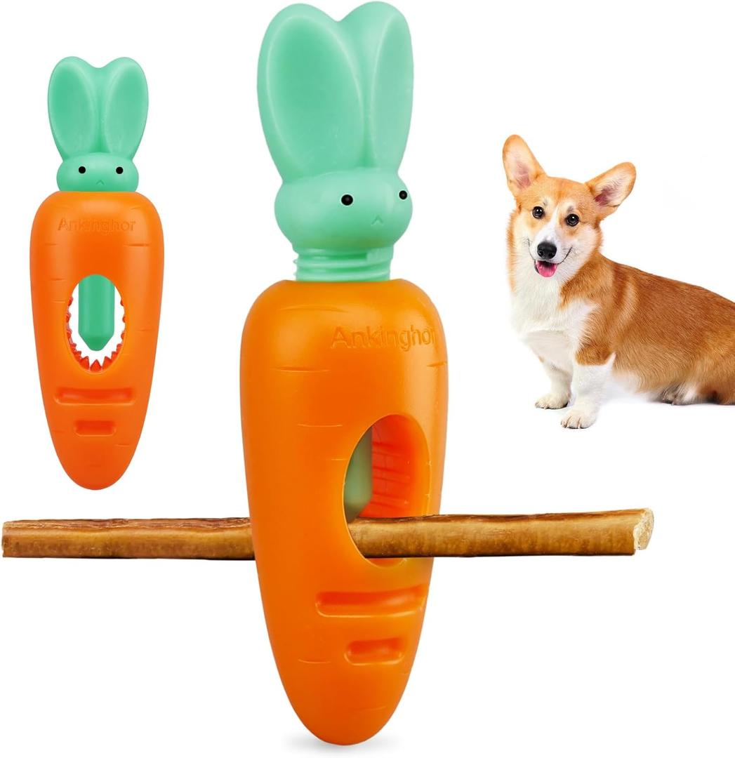 Bully Stick Holder for Dogs, Durable Dog Bone Yak Treat Chew Holder, Prevent Choking Safety Device for Pups Small Medium Dogs - No More Swallowed Ends (Bunny&Carrot Style-7in) (Holder 1.0)