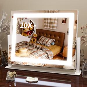 FENNIO Vanity Mirror with Lights, 12" x 16" Lighted Makeup Mirror with Smart Touch Control, 3 Color Modes & Brightness Adjustable, LED Makeup Mirror with 10X Magnification, 360 Rotation for Bedroom (White)