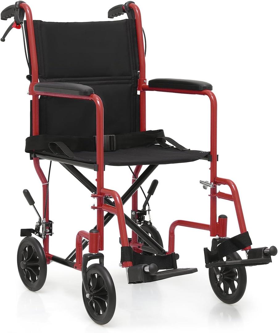monicare Lightweight Wheelchair for Adults, with Locking Hand Brakes, 8 Inch Rear Wheels and Back Folds Down User-Friendly Transport Compact 16 Inch Seat Wheel Chair, 250 lbs Weight Capacity, Red (Red 16" Wide Seat)