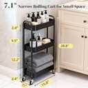 3 Tier Slim Metal Rolling Storage Cart for Laundry Room & Kitchen Organizer, 7.1'' Thin Standing Shelf for Narrow Spaces, Utility Cart with Wheels & Lockable Casters for Bathroom, Black