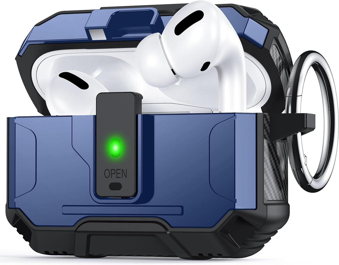 for AirPods Pro Case Cover [Safety Lock] [Magnetic One-Click Open] [Military Shockproof Armor] Double Rugged Outdoor Wireless Charging Case for AirPods Pro 1st Generation with Keychain, Blue