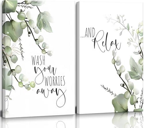 2 Pcs Bathroom Wall Art Sage Green Canvas Wall Decor Plant Pictures Prints Posters Minimalist Frames Paintings Modern Artwork for Restroom Washroom Spa Toilet Home Decorations Ready To Hang 12x16in