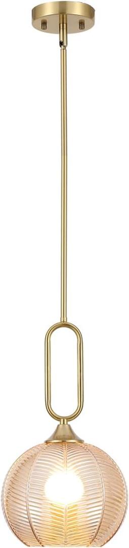 Amber Glass Pendant Light Modern Globe Pendant Lighting Nordic Ribbed Gold Ceiling Hanging Chandelier with Brushed Brass Adjustable Rods Dining Room Kitchen Island Light Fixture