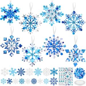 Funrous 48 Sets Snowflake Crafts Kit Winter Paper Crafts DIY White Snowflake Christmas Hanging Ornaments with Pompoms Diamond Stickers for Holiday Classroom Activities Arts Party Favors