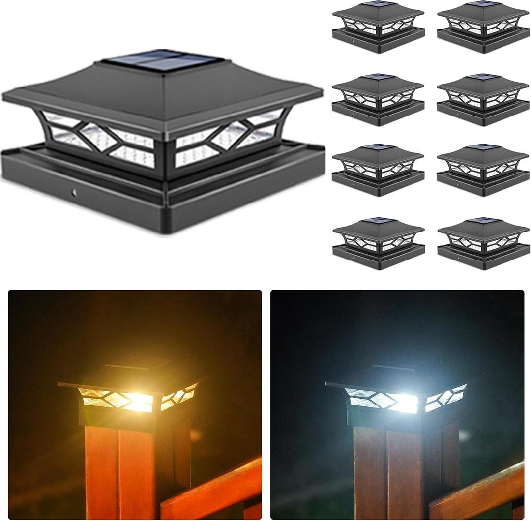 VOLISUN Solar Post Cap Lights: 8 - Pack Outdoor Deck Post Cap Lights Black for Dock Fence Waterproof 2 Color Modes,4x4/6x6 Wooden/Vinyl Posts