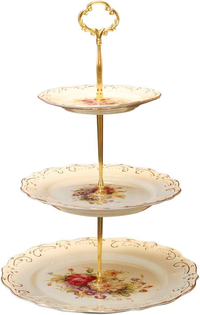 YOLIFE Flowering Shrubs 3 Tiered Cupcake Stand, Emboss Golden Leaves Edge Tea Party Pastry Tower, 6-8-10 inch