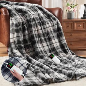 Black Heated Blanket Electric Throw, 50X60 Heating Throw with 10 Heats Levels & 8 Hours Auto Off, Plaid Soft Sherpa Blankets Warmer Gifts for Men Dad Boys Home Decor for Living Room Bedroom Office, Black Plaid