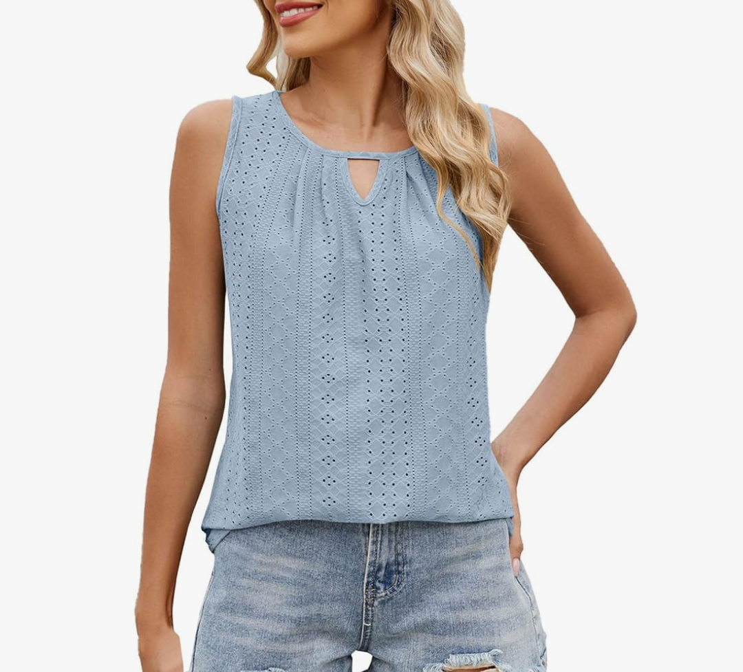 Womens Sleeveless Tops Dressy Casual Keyhole Neck Sleeveless Eyelet Tops Trendy Summer Loose Fit Tank Tops Shirts, L