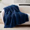 Nookly Navy Fleece Throw Blanket for Couch, Soft Lightweight Ribbed Plush Blanket for Sofa and Bed, All-Season Cozy Striped Throw for Women Girl 50x60 Inches