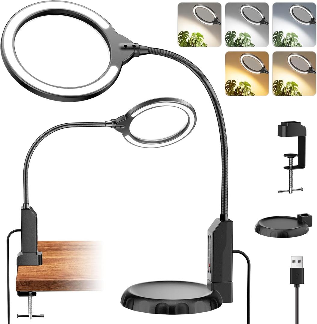 Magnifying Glass with Light and Stand, 15X & 8X Magnifying Lamp with Clamp, 5 Color Lighting Modes Stepless Dimmable LED Desk Lamp Hands Free for Crafts Hobby Reading Painting Sewing Close Work (Black)