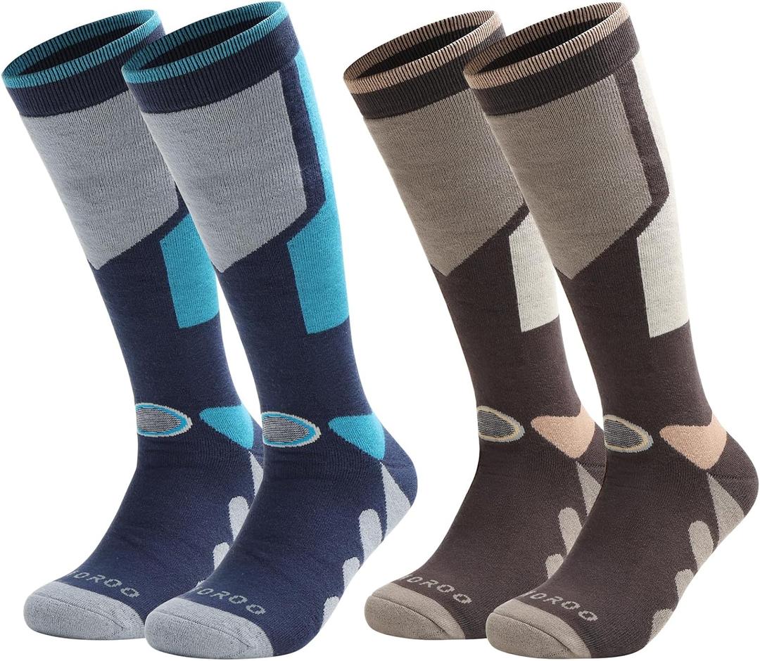 Ski Socks, 2/3 Pairs for Skiing, Snowboarding, Outdoor Sports - Thermal Knee-High Warm Socks for Men, Women, Youth (Large, Blue & Gray)
