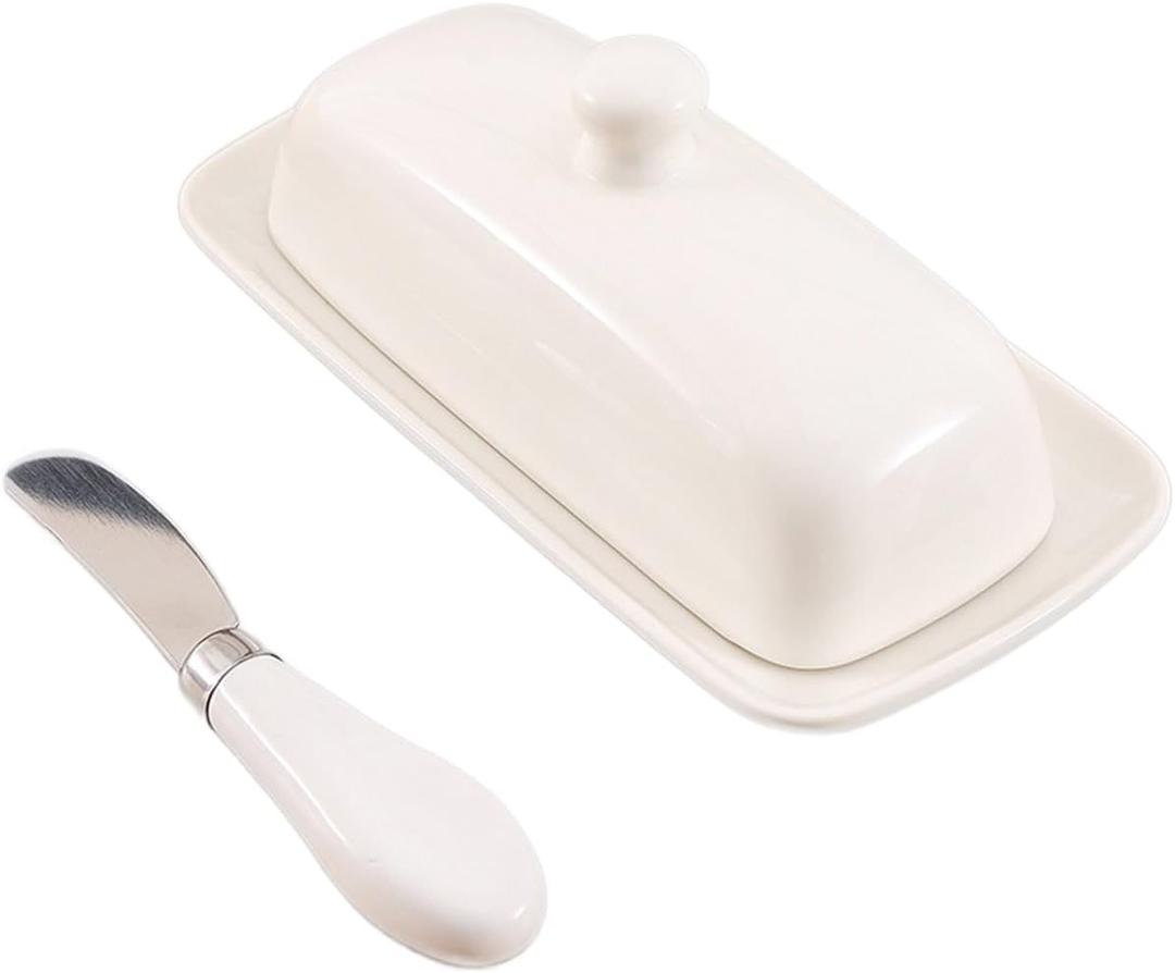 Butter Dish with Lid, Porcelain Butter Box for Countertop with Stainless Steel Multipurpose Butter Knife, Butter Keeper with Double High-quality Silicone Good Kitchen Gift White