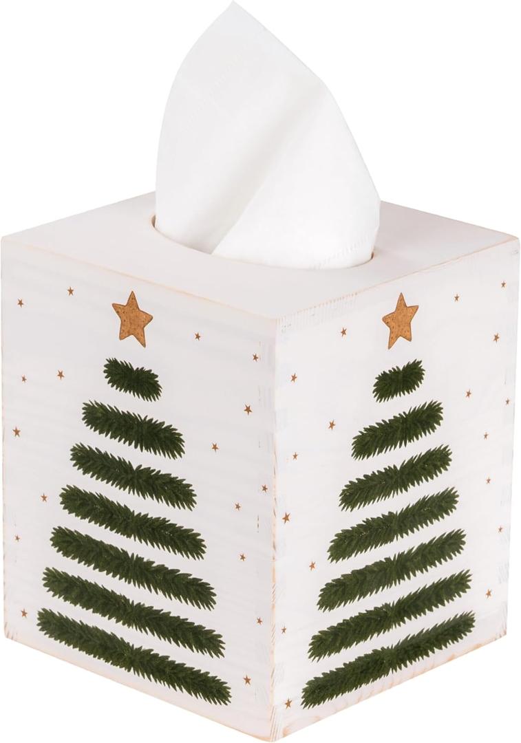 Christmas Tissue Box Cover, Rustic Wooden Square Tissue Holder with Slide-Out Bottom, Farmhouse Holiday Tissue Box for Bathroom, Living Room, Bedroom, Office, Kitchen, Tabletop Xmas Decorations