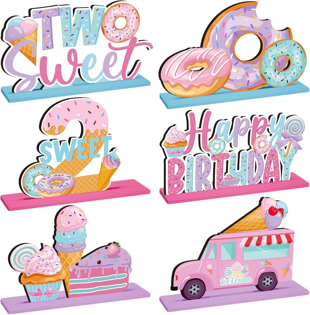 Yuntau 6 Pcs Donut Two Sweet Birthday Party Decorations 2st Birthday Decorations Grow up Party Table Sign Donut Theme Table Decor for Baby Shower Wedding Supplies
