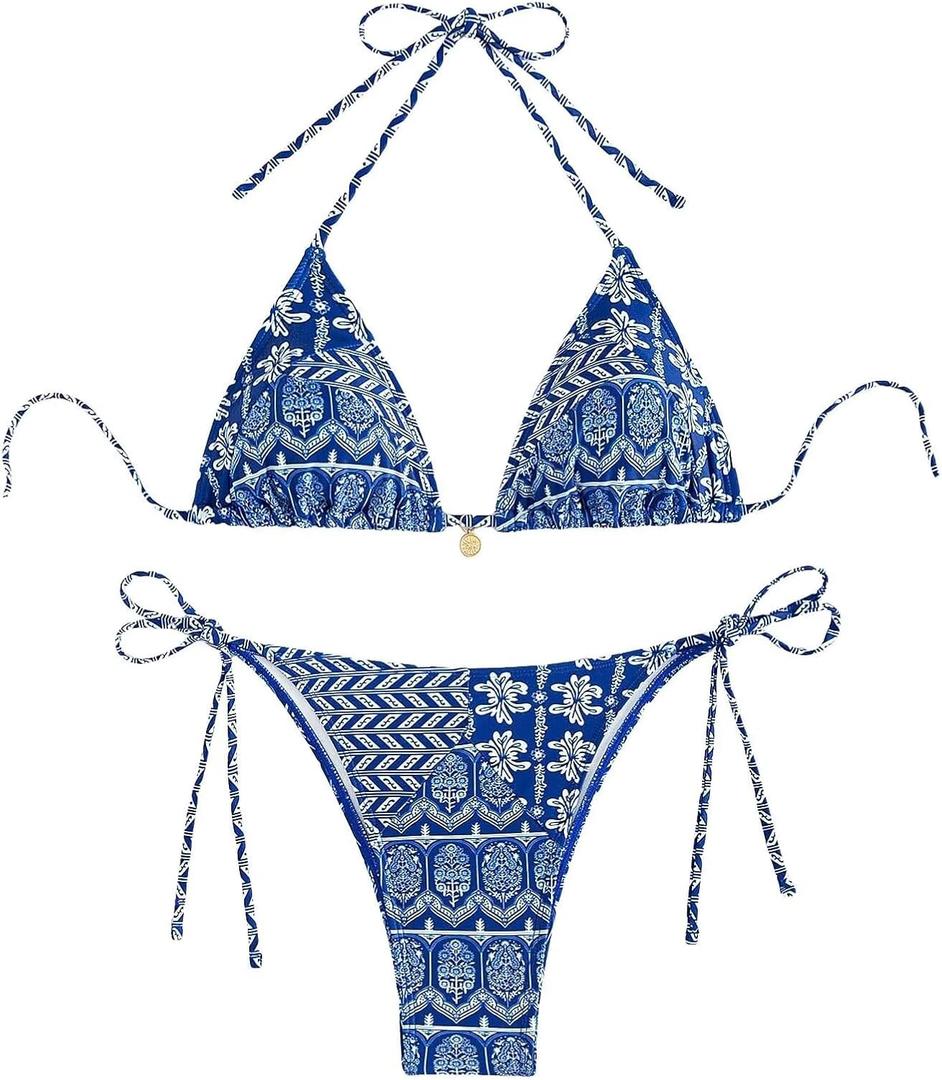 Women's High Waisted Bathing Suit Allover Floral Print Triangle Halter Swimsuit Bikini Set 2 Piece (Medium, Blue Boho)