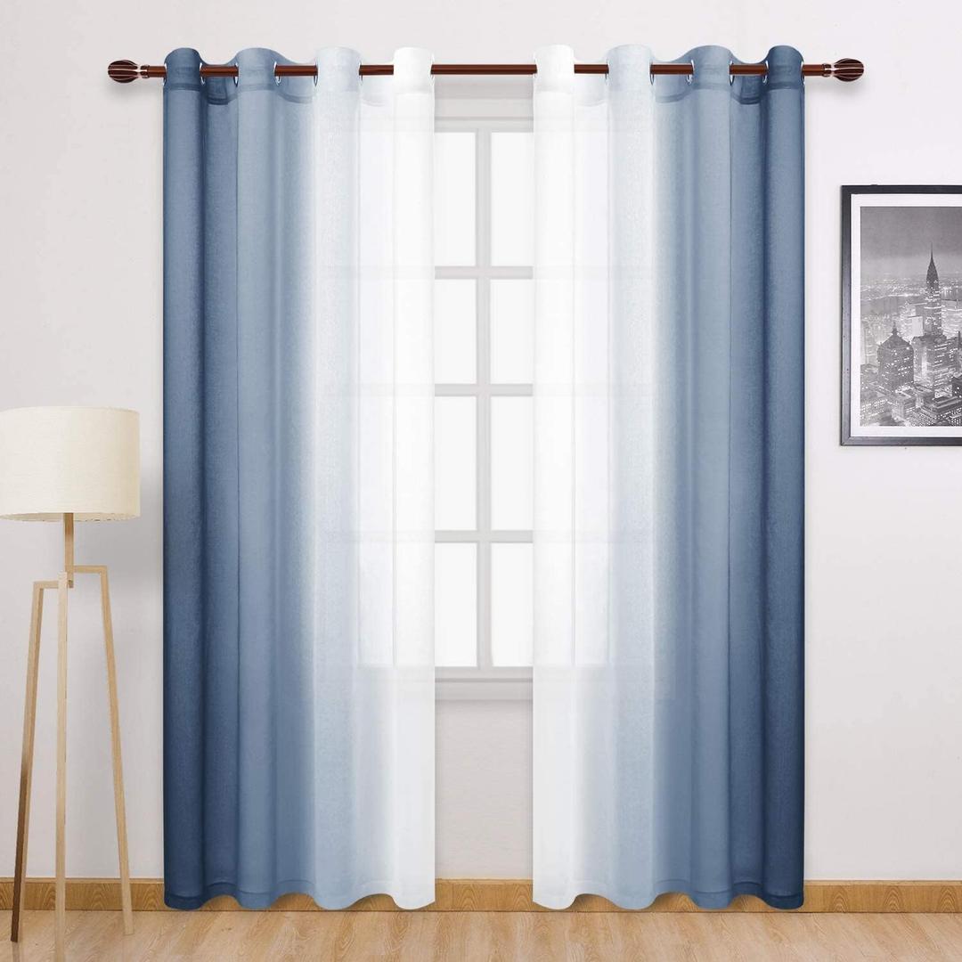 DWCN Blue Faux Linen Ombre Sheer Curtains - Gradient Semi Voile Curtains for Bedroom and Living Room, Set of 2 Grommet Top Window Curtain Panels, 52 x 108 Inches Long, Denim Blue