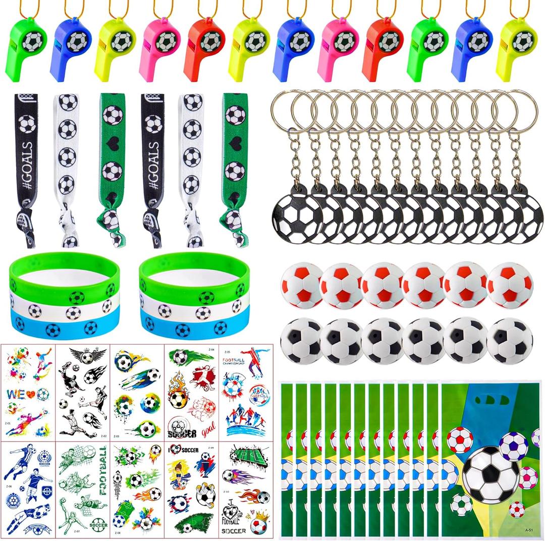 Soccer Party Favors Supplies Set With 80PCS Soccer Theme Birthday Party Decorations Gift Toy Stickers Eraser Silicone Wristbands Soccer Ball Keychains Whistle Prefect for Football Party Gifts Bags