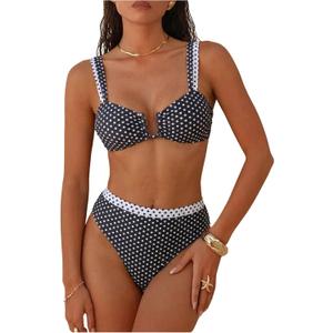 RoseSeek Women's 2 Piece Polka Dots Bikini Sets Color Block Trap Swimsuits Tie Back Tops and High Waisted Panties, Medium, Black and White