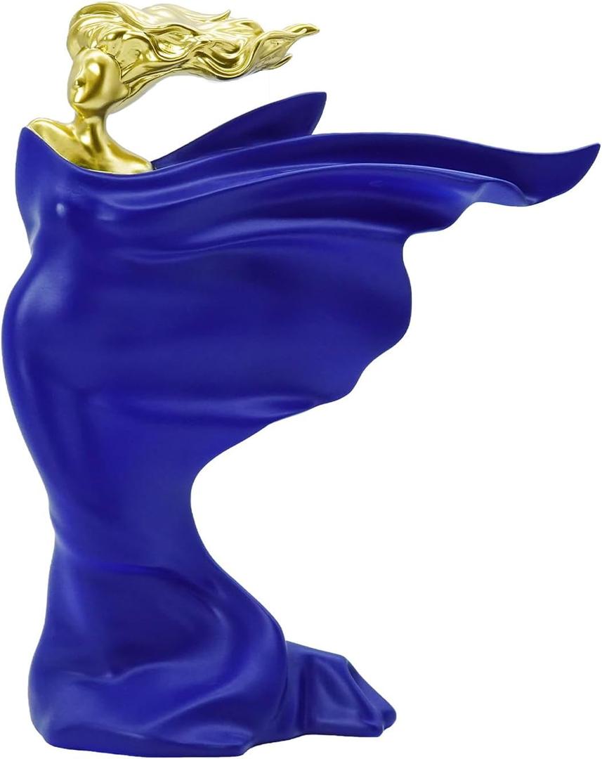 Elegant Resin Sculpture Decor Golden Lady with Flowing Gown Design, Modern Art Home Accent for Living Room, Office, and Gift Giving, Blue 