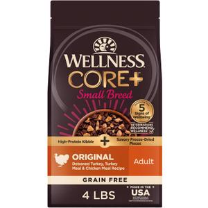 Wellness CORE+ Dry Dog Food with Freeze Dried Pieces, Small Breed, Grain Free, High Protein, Natural, Original Turkey & Chicken Recipe, (4-Pound Bag)