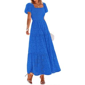 PRETTYGARDEN Womens Summer Eyelet Maxi Wedding Guest Dress | Square Neck Puff Short Sleeve Smocked Flowy Dresses, Cotton, With Pockets, Dress for Bridal Shower, Garden Party, Vacation (Blue, M)
