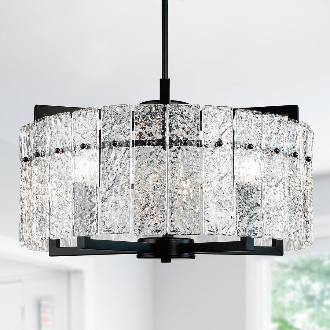 Modern Black Crystal Chandeliers for Dining Room, Luxury Water Ripple Glass Light Fixture, Elegant Farmhouse Round Lighting for Kitchen Island, Bar Table, D20, Medium