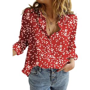 Dokotoo Women's Casual V Neck Alicia Floral Print Roll Up Long Sleeve Chiffon Button Down Blouses Bohemian Top Shirts (Red, M)