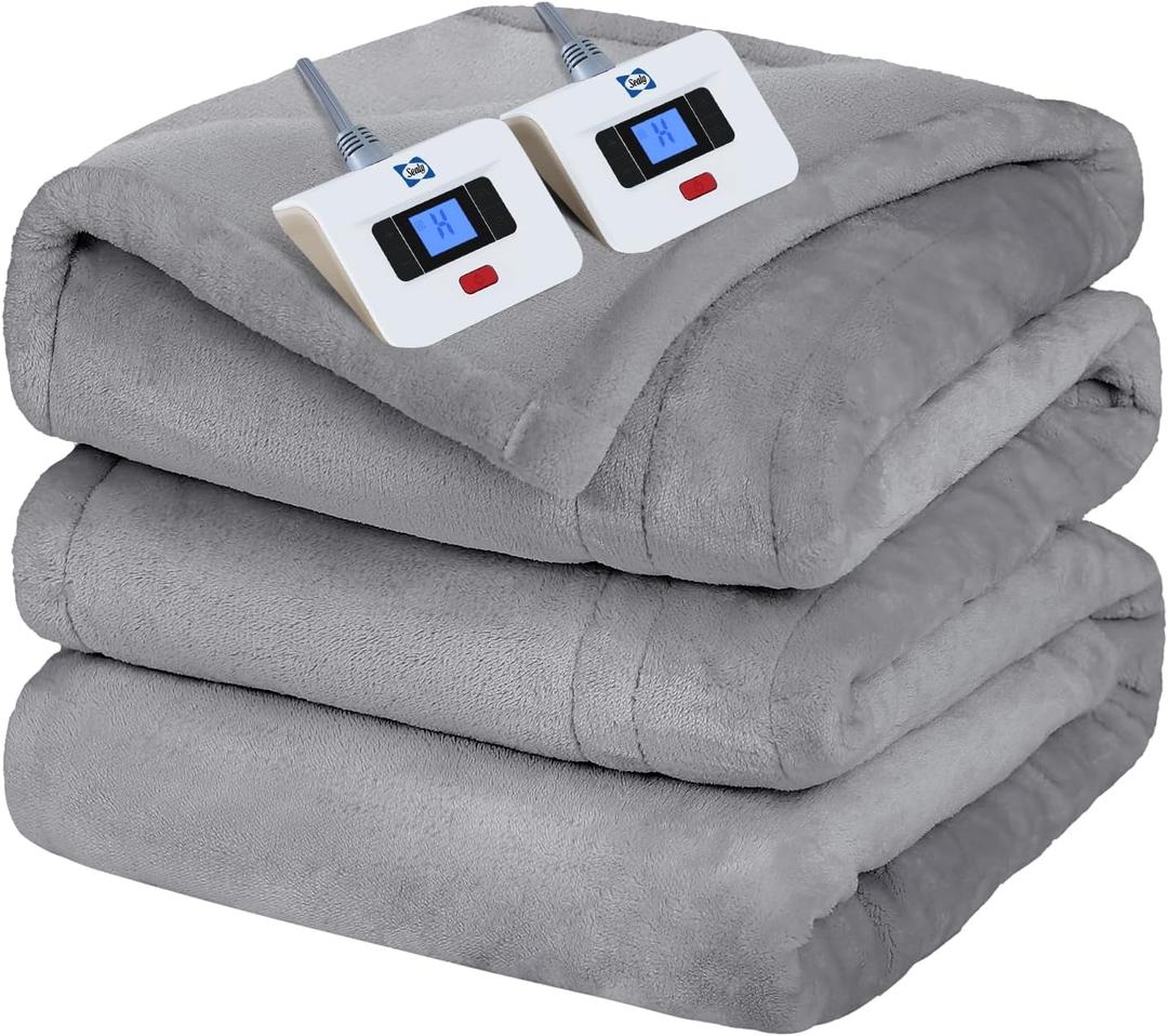 Sealy Electric Blanket Queen Size, Flannel Heated Blanket with 10 Heating Levels & 1-12 Hours Auto Shut Off, Machine Washable, Light Grey, 84 x 90 Inch