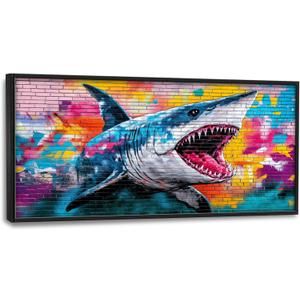 Large Shark Wall Art, Oversized Banksy Graffiti Ocean Shark Pictures Wall Decor, Sea Nautical Animal Canvas Prints Painting, Extra Sealife Framed Artwork for Living Room Bedroom Office Bathroom Corridor 60"x 30"