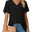 Anyally Women's Summer Dressy Chiffon Blouses V Neck Ruffle Short Sleeve Tunic Tops for Leggings Casual T-Shirts, L Black