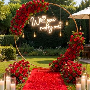 Will You Marry Me Sign 6.6 ft Large Metal Round Wedding Arch Stand Marry Me LED Neon Light Sign Proposal Decoration Red Carpet Aisle 4000pcs Rose Petals for Proposal Engagement Anniversary, 16.54 x 9.84 inches, 6.56 ft