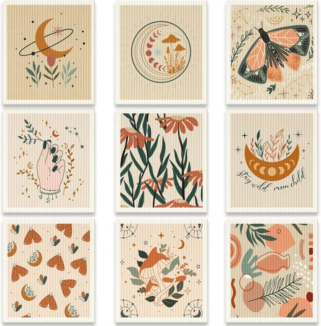 Cunhill 9 Pcs Swedish Kitchen Dishcloths Absorbent Swedish Dish Towels Blossoms Flower Soft Reusable Towels Cleaning Sponge Cloth Quick Drying Kitchen Dish Rags(Bohemian)