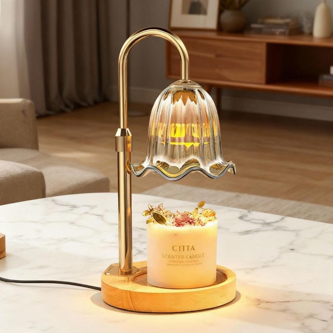 Crystal Candle Warmer Lamp with Timer & Dimmable Light, Wall Mount OptionAdjustable Height Wax Melt Warmer for Jar Candles  Amber Gold | New Upgraded Home Decor Gift for Women/Mom/Birthday