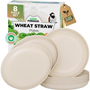Grow Forward Premium Wheat Straw Plates - 10 Inch Reusable Hard Plastic Dinner Plates Set of 8 - Unbreakable & Microwave Safe Dishes for Dessert, Camping, RV, Outdoors, Patio, Kitchen - Sahara