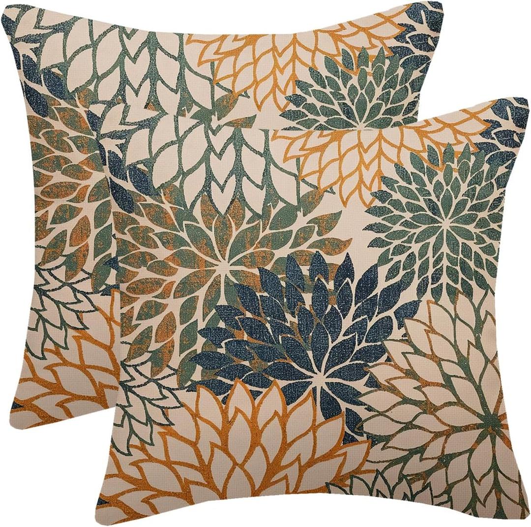 Orange Green Pillow Covers 18x18 Inch Set of 2 Spring Summer Navy Blue Dahlia Floral Decorative Throw Pillows Farmhouse Geometric Flower Cushion Cover for Home Sofa Bedroom Outdoor