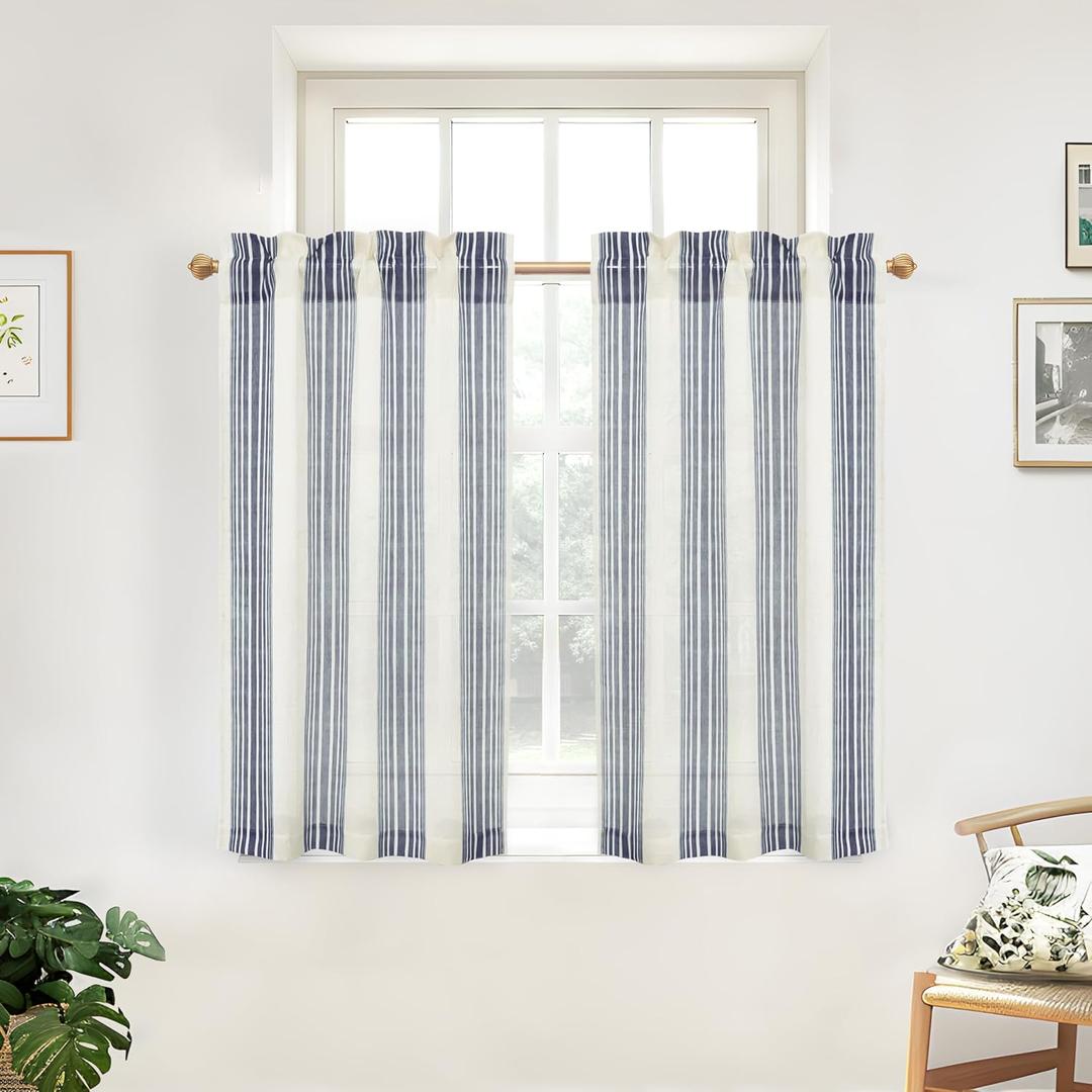 DriftAway Kitchen Tier Curtains - Striped Linen Short Pinstripe Cafe Curtains 45 Inch Length for Living Room Bathroom Chris Farmhouse Rustic - Rod Pocket 2 Panels Ivory Dark Blue