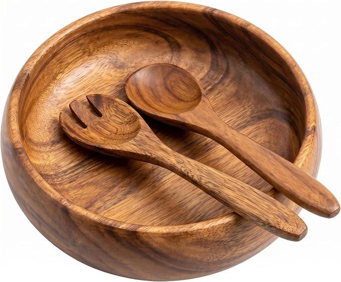 SullyHÔME 12" Acacia Wood Salad Bowl with Serving Spoons