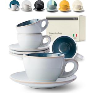 KIVY Cappuccino cups set of 4 [8oz] - Thick-walled stoneware cappuccino cup set for latte art - Latte mugs - Latte cups - Coffee mug - Latte art cup - Ceramic latte cup and saucer set of 4 - Blue