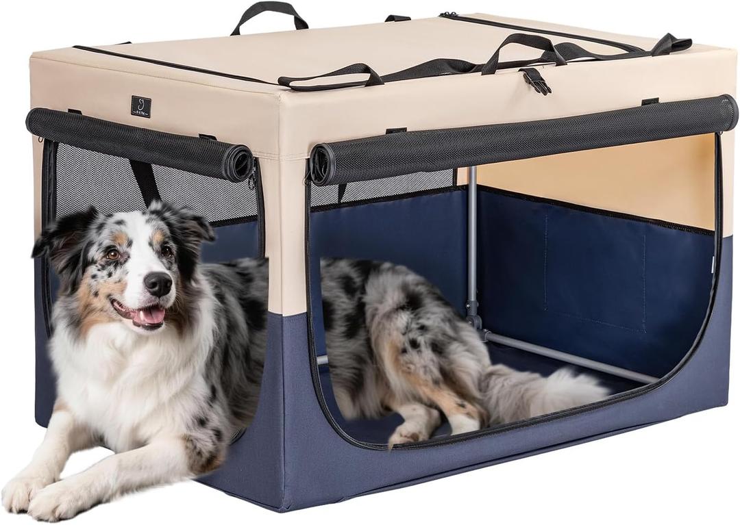 30" Collapsible Dog Crate for Medium Dogs - Portable Soft Travel Kennel with Lockable Zippers, Waterproof Base, Washable Cover, Patented Screw Frame for Adjustable Tension, Outdoor, Indoor, Car Use (Blue+Beige)