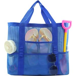 Large Mesh Beach Tote Bag, 9-Pocket Foldable Summer Vacation Beach Bag for Travel, Pool, Gym, Cruise