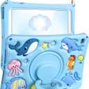 for iPad 6th/5th Generation Case, Air 1st/Air 2nd, for iPad Pro 9.7 Inch Case - for Girls Boys Cute Kawaii Girly Cover 3D Cartoon Ocean Design with Rotating Stand & Strap Silicone Blue Cases