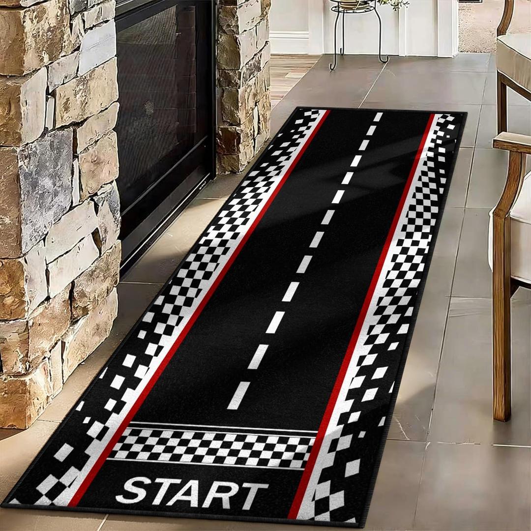 Racing Car Track Runner Rug,1.3x7ft, With Starting Point Car Racing Contest Game Mat Black Honeycomb Geometry Rugs for Bedroom Playroom Bedside, Black White Plaid Indoor Floor Mat for Adults Kids