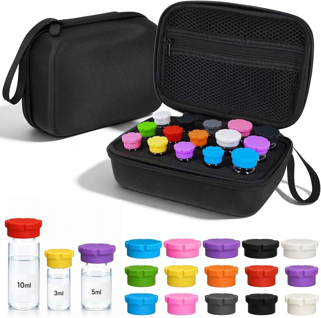 3-10ml peptide Vial Storage case and 3ml Peptide Vial Caps Storage Combo Pack, 16 Slots Insulin Vial Organizer Bag for Diabetics Standard 3ml 5ml 10ml Vials, Includes Vial Caps (10 Colors, 15 Pcs)
